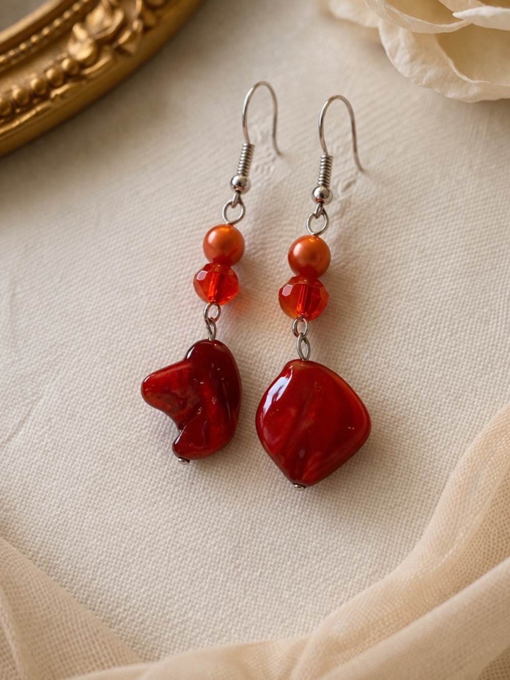 Handcrafted Red Glass Bead Drop Earrings - Women Jewelry